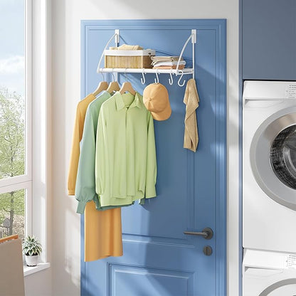 Tajsoon Over The Door Hanger with Storage Rack and 6 Hooks, Over The Door Clothes Rack for Hanging Coat, Over Door Clothes Hanger for Bathroom, Bedroom, Living Room, White