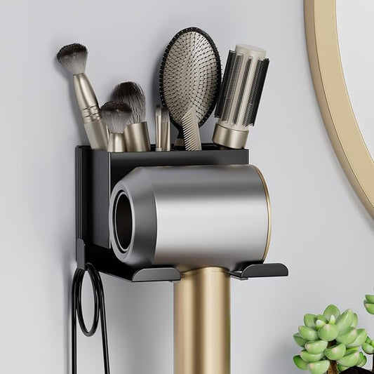 MAYZOLOP Hair Dryer Holder Wall Mounted, Hair Tools Organizer, Bathroom Space-Saving Blow Dryer Organizer Curling Irons Storage Wall Mounted Black (Self-Adhesive and Drilling)