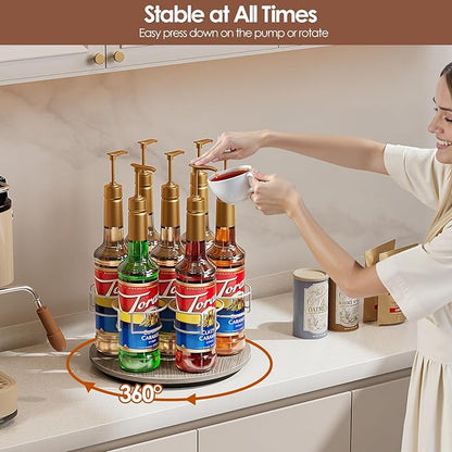 Rotating Coffee Syrup Organizer, 7 Bottles Coffee Syrup Rack for Countertop Syrup Bottle Holder Stand for Coffee Bar Station, Carbon Steel Frame with Wooden Base Coffee Bar Accessory, White