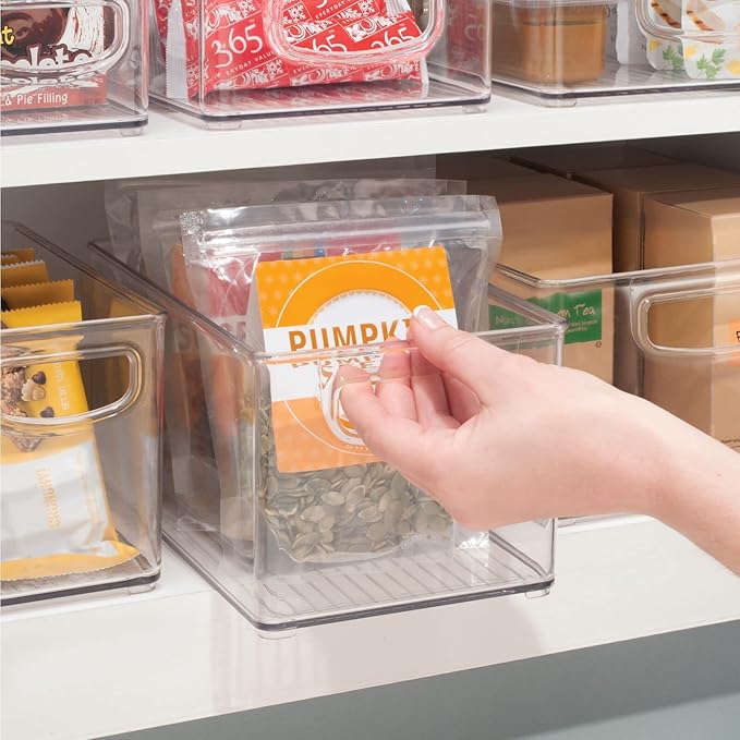 mDesign Plastic Stackable Kitchen Organizer - Storage Bin with Handles for Refrigerator, Freezer, Cabinet, and Pantry Shelves Organization - Food Container - Ligne Collection - 8 Pack - Clear