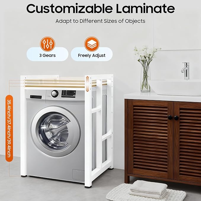 Over Washer and Dryer Shelves, Washer and Dryer Storage Shelf, Adjustable Laminate and Foot Pads Washing Machine Storage Rack for Kitchens Dressing Rooms (White, Light Walnut)
