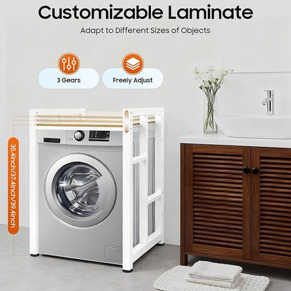 Over Washer and Dryer Shelves, Washer and Dryer Storage Shelf, Adjustable Laminate and Foot Pads Washing Machine Storage Rack for Kitchens Dressing Rooms (White, Light Walnut)