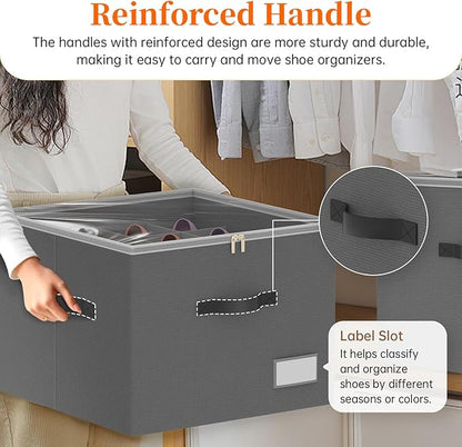 3 Pack Shoe Organizer for Closet, Foldable Shoe Storage Containers, Fits up to 24-48 Pairs, Shoe Storage Organizer Box Cubby Baskets Bins with Clear Cover and Reinforced Handles, Gray
