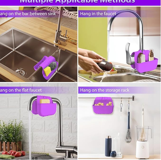 OKeanu Sponge Holder for Kitchen Sink, Silicone Sink Saddle Caddy Organizer Rack, Sponges Holder Over Faucet, Hanging Kitchen Organizer Accessories Rack Basket - Purple