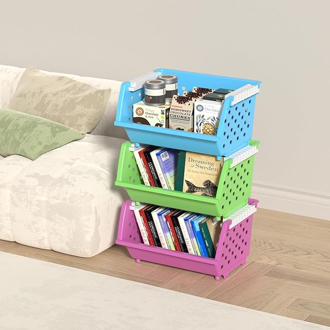 4-Pack Colorful Plastic Stackable Storage Basket, Stacking Organizer Baskets