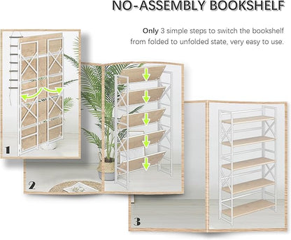 4NM Extra Wide 5 Tiers No Assembly Book Shelves, 51.2" H Folding Bookshelf Bookcase Open Industrial Foldable Shelves for Bedroom, Living Room, Home Office - Natural White