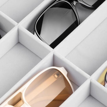 Frebeauty Sunglass Organizer,Velvet Glasses Organizer,8-Slot Sunglasses Tray with Clear Lid,Men's/Women's Sunglasses Box,Sunglass Case,13.3 x 9.6 x 2.2 Inches,Eyeglass/Eyewear Display Tray(White)