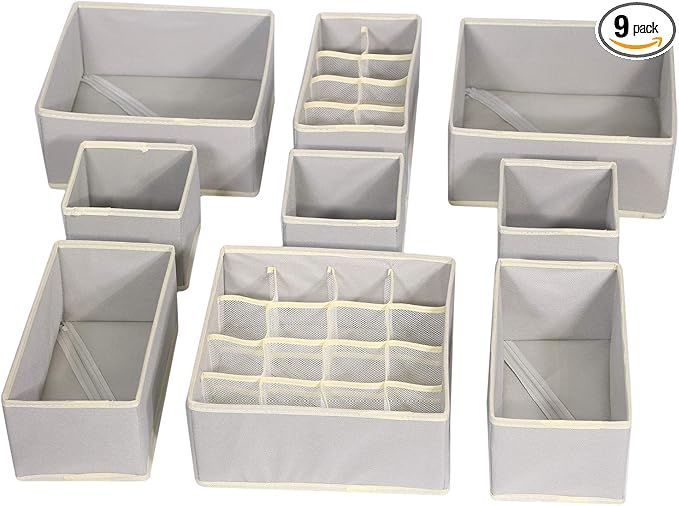 9 Pack Foldable Drawer Organizer Dividers Cloth Storage Box Closet Dresser Organizer Cube Fabric Containers Basket Bins for Underwear Bras Socks Panties Lingeries Nursery Baby Clothes Gray