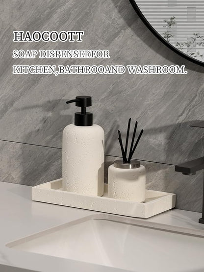 Haocoott Soap Dispensers 400mL 13.5 OZ, 2 PCS Luxurious Hand Dish Lotion Shampoo Soap Dispenser Jar, Travertine Soap Pump Bottles for Kitchen Bathroom Countertop (Cream)