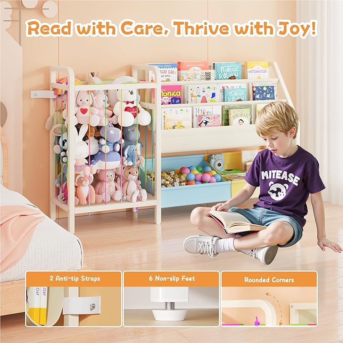 B5 Kids Bookshelf and Toy Storage, Book Shelf for Kids Rooms, Sling Toddler Book Shelves with Stuffed Animal Storage, Montessori Baby Bookcase for Nursery, Bedroom, Playroom, Blue and Yellow