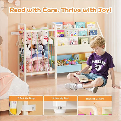 B5 Kids Bookshelf and Toy Storage, Book Shelf for Kids Rooms, Sling Toddler Book Shelves with Stuffed Animal Storage, Montessori Baby Bookcase for Nursery, Bedroom, Playroom, Blue and Yellow