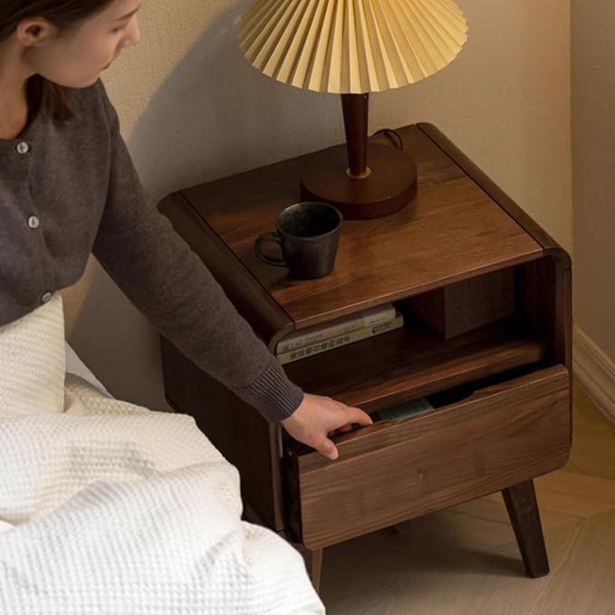 Vadisun Walnut Nightstand Set of 2, Solid Wood Nightstand with Drawers & Open Storage Shelf, Mid Century Modern Nightstands, Wood End Table for Bedroom, (Dark Black Walnut, 23.23" H)