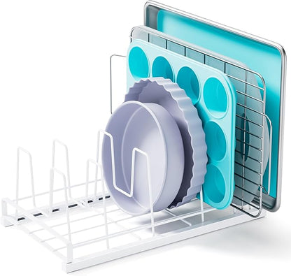 GAGUIUP Food Container Lid Organizer, Adjustable 6 Dividers Full-Metal Pot and Pan Organizer Rack for Kitchen Cabinets, Drawers, Cupboards, Pantry Shelves Storage, White