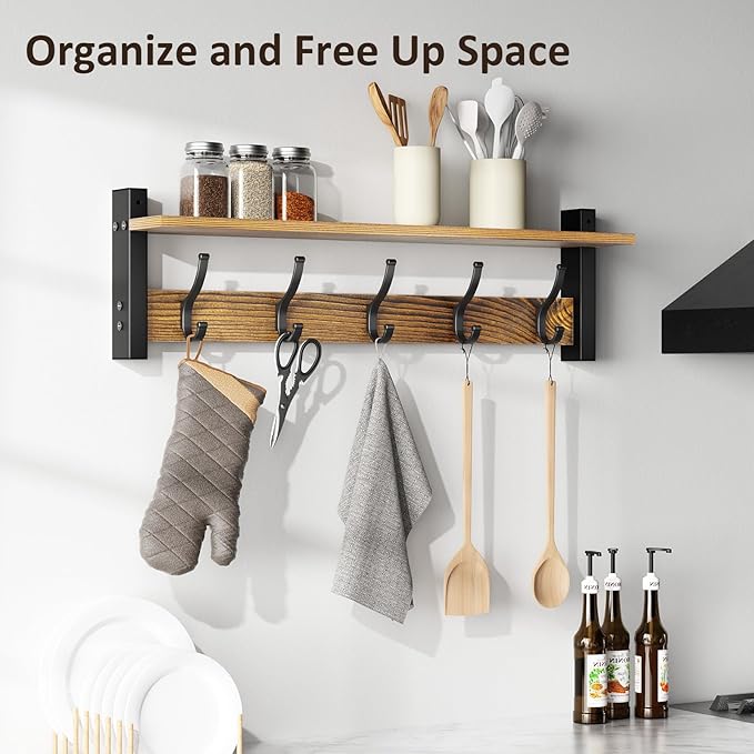 Coat Rack Wall Mount with Shelf, 24 Inch Coat Hanger Walls Mounted, Hat Rack for Walls, Shelf with 5 Coat Hooks, Wall Hanger for Entryway (Brown)