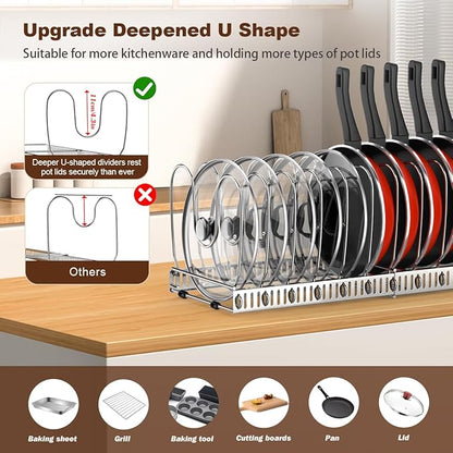 Housolution Pot and Pan Organizer Rack for Cabinet, Stainless Steel Expandable Pot Lid Organizer with 14 Adjustable Dividers, Pot and Pan Holder Rack Storage Organizer for Kitchen, Silver