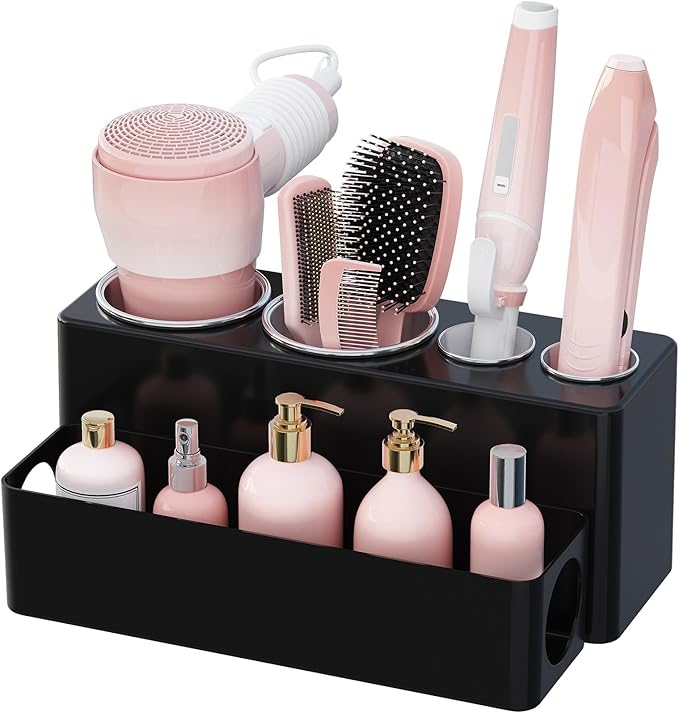 Lifewit Hair Tool Organizer Countertop, Removable Blow Dryer Holder for Bathroom Vanity, Acrylic Hot Tools Organizer Storage for Hair Dryer, Curling Iron, Brush, Straightener, 4 Stainless Cups, Black