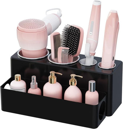 Lifewit Hair Tool Organizer Countertop, Removable Blow Dryer Holder for Bathroom Vanity, Acrylic Hot Tools Organizer Storage for Hair Dryer, Curling Iron, Brush, Straightener, 4 Stainless Cups, Black