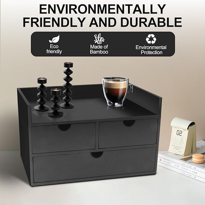 Desk Organizer with Drawers Countertop Drawer Organizer Drawers for Desk Top Home Office Workspace Bathroom Toiletries Supplies (black with shelf)