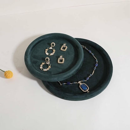 GemeShou Round Jewelry Organizer Plate, Top Microfiber Velvet Jewelry Display Tray, Empty Jewelry Showcase Tray for Necklaces, Bracelets, Rings, Earrings (Green-Medium, 7.9 x 7.9 in)