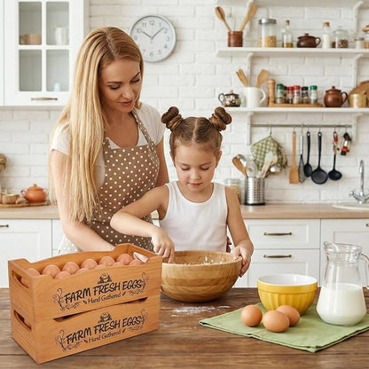 2 Pieces Wooden Egg Holder Countertop, Stackable 12 Capacity Farmhouse Rustic Pinewood Egg Storage Display Rack Basket with Handle, Eggs Organizer Stand Box with “Farm Fresh Eggs” Print