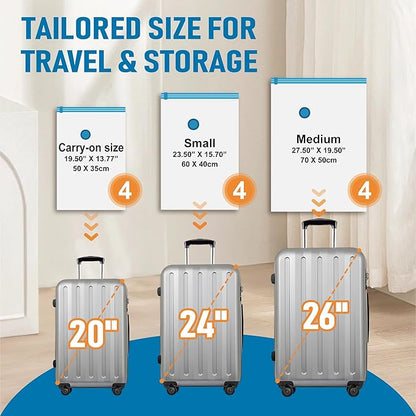 12 Pack Travel Vacuum Storage Bags with Rechargeable Wireless Electric Pump, Travel Packing Bags for Luggage and Suitcase, Carry-on Size Compression Space Saver for Clothes and Clothing