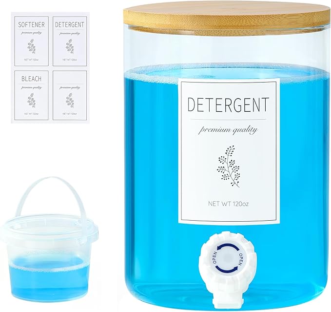 1 Glass Laundry Detergent Dispenser with Bamboo Lid - 120 Oz Liquid Detergent, Laundry Soap & Fabric Softener Dispenser for Laundry Room Organization and Storage with 1 Cups & 4 Labels