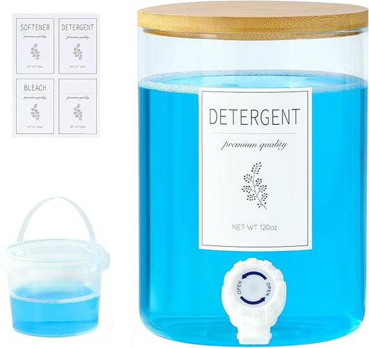 1 Glass Laundry Detergent Dispenser with Bamboo Lid - 120 Oz Liquid Detergent, Laundry Soap & Fabric Softener Dispenser for Laundry Room Organization and Storage with 1 Cups & 4 Labels