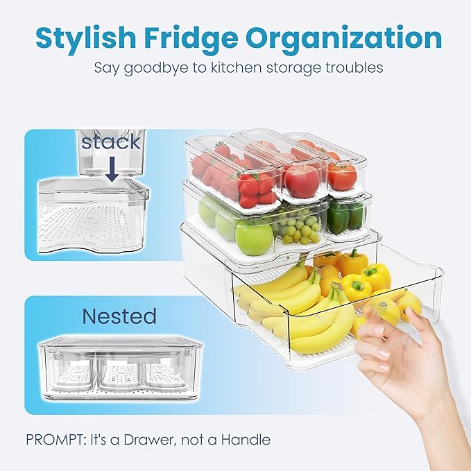 SMRCAD 6 Pack Refrigerator Organizers, Clear Pull-out Drawer Container and Organizer Bins with Lids, Stackable Storage Containers for Fruits, Vegetable (Set of 6 (Include Pull-out Drawer))