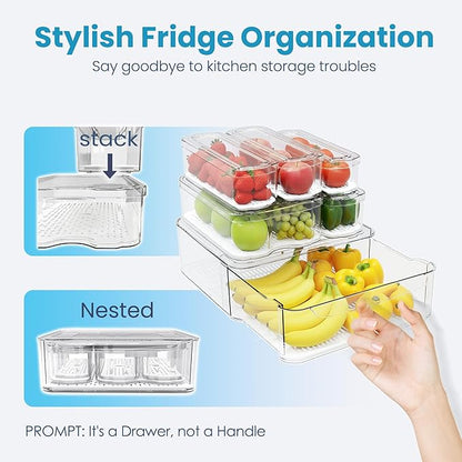 SMRCAD 6 Pack Refrigerator Organizers, Clear Pull-out Drawer Container and Organizer Bins with Lids, Stackable Storage Containers for Fruits, Vegetable (Set of 6 (Include Pull-out Drawer))
