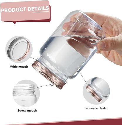 novelinks 16 oz Clear Plastic Jars with Lids, Refillable 16oz Mason Jars with Lids & Storage Containers for Kitchen & Household Use (10 Pack,Rose Gold)