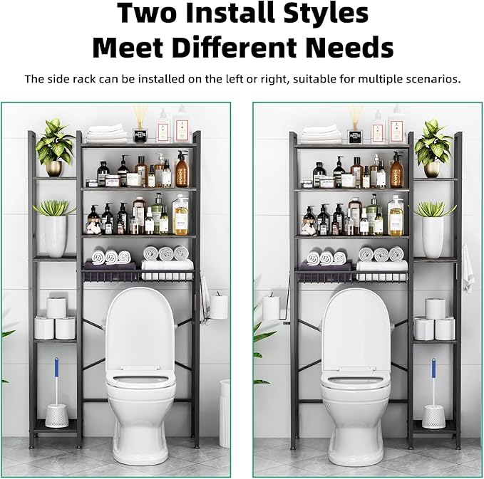 Kalrin 8-Tier Over The Toilet Storage with Side Rack, Over Toilet Storage Rack with Adjustable Shelf & Drain Basket, Freestanding Bathroom Organizer for Balcony, Laundry (Modern Grey)