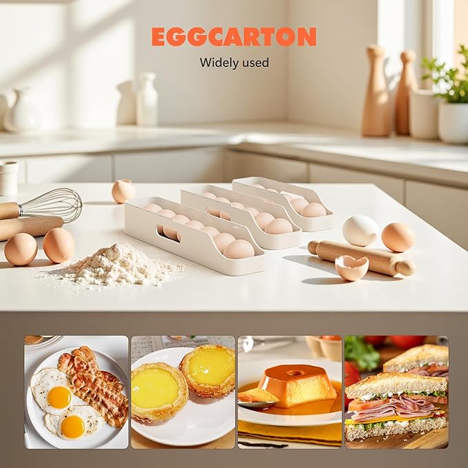 Li&Zhao Rolling Egg Dispenser for Refrigerator - Automatic Egg Holder for Fridge Space Saving Egg Tray Organizer for Countertop, Kitchen Storage(White)