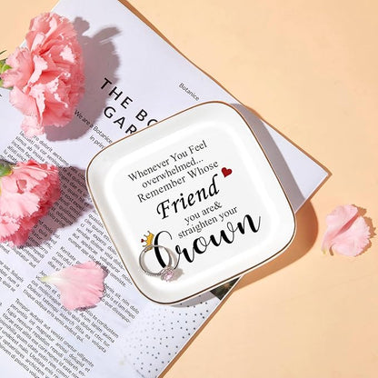 PUDDING CABIN Best Friend Birthday Gifts for Women Jewelry Holder – Remember Whose Friend You Are Straighten Your Crown – Friendship Gifts for Friends Female Besite Sister BFF Coworker