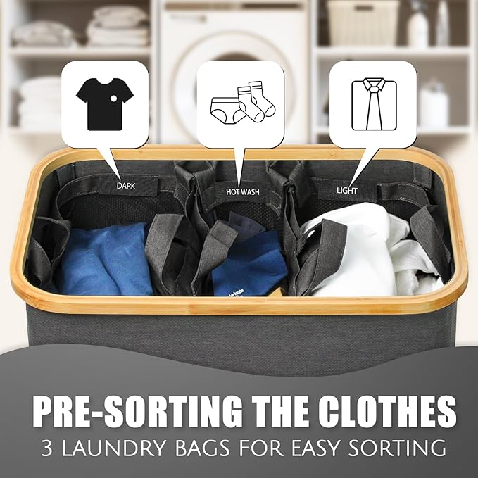Laundry Hamper with Lid, 145L Extra Large Hamper 3 Section Dirty Clothes Hampers for Divided Basket Organizer for Bedroom, Laundry Room, Grey