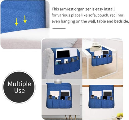 SYSOV Sofa Armrest Organizer, Remote Control Holder for Recliner Couch, Arm Chair Caddy with 6 Pockets for Magazine, Tablet, Phone, iPad (Blue, W19'' x L33'')