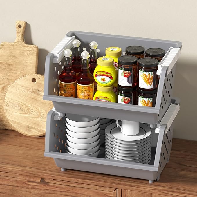 Large Plastic Stackable Storage Baskets, Plastic Open Front Stacking Bins, Gray, 4 Packs