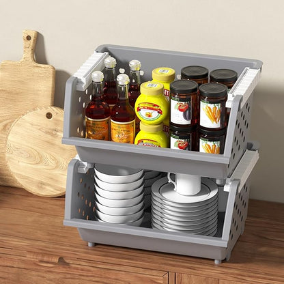Large Plastic Stackable Storage Baskets, Plastic Open Front Stacking Bins, Gray, 4 Packs