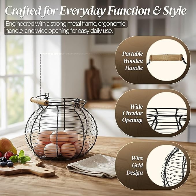 Flexzion Egg Basket for Gathering Fresh Eggs - Round Wire Countertop Egg Holder with Wooden Handles, Farmhouse Chicken Eggs Collecting Basket Storage for Countertop, Kitchen Organizer and Farm (Black)