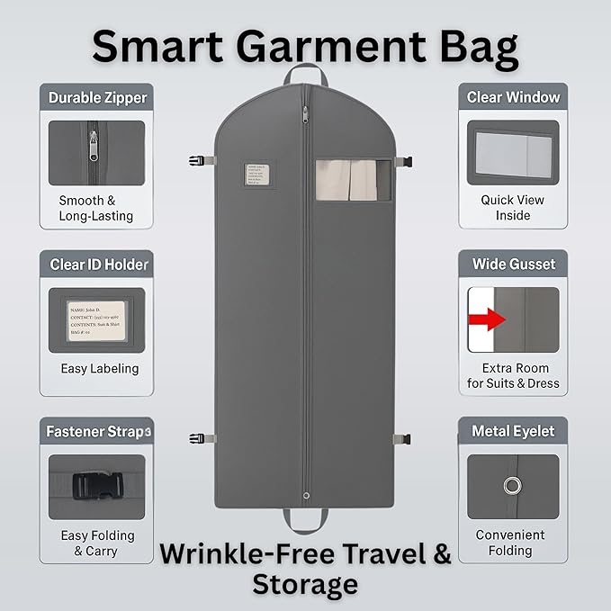 Party Bargains Garment Bag 59-Inch – Non-Woven Hanging Clothes Storage Cover for Suits, Dresses & Coats, Zippered for Closet or Travel (Gray)