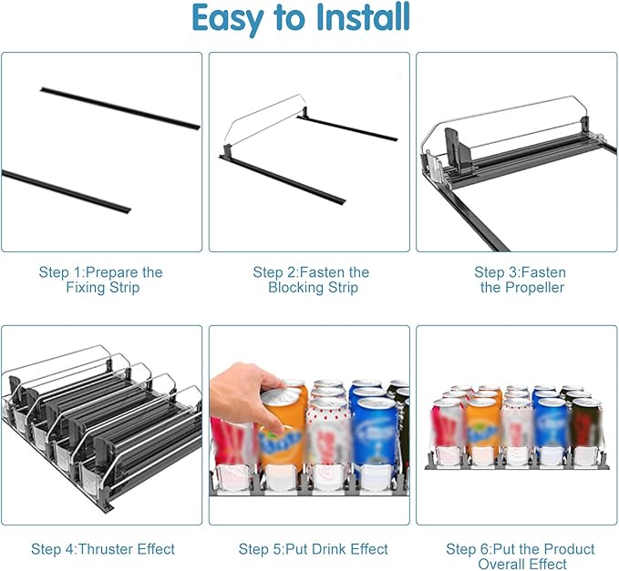 Drink Organizer for Fridge, 18.9x15.0x3.1in Soda Can Dispenser for Refrigerator, 6 Rows Adjustable Automatic Pusher Glide Drink Dispenser for Beer Beverages (Black)