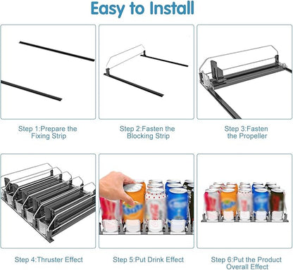 Drink Organizer for Fridge, 18.9x15.0x3.1in Soda Can Dispenser for Refrigerator, 6 Rows Adjustable Automatic Pusher Glide Drink Dispenser for Beer Beverages (Black)