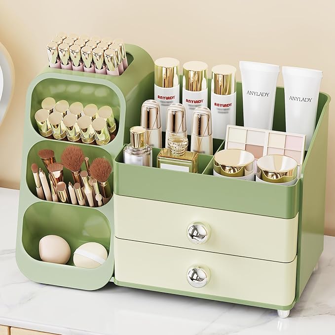 Anylady Makeup Organizer with Drawers, Skincare Organizer (Large Size Thick), Storage Box Cosmetic Display Cases, Make up Organizers for Vanity, Dresser, Desk, Kitchen, Countertop (green)