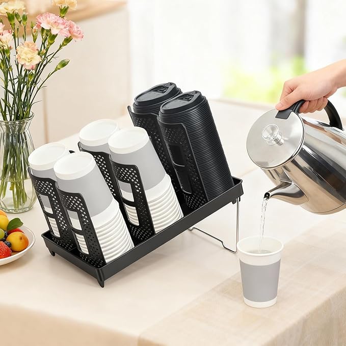 Cup Holder, Adjustable Cup and Lid Organizer Dispenser with Coffee Pod & Straw Storage | Unbreakable Metal Holder for Coffee Station, Bar Countertop, Office Breakroom, Kitchen