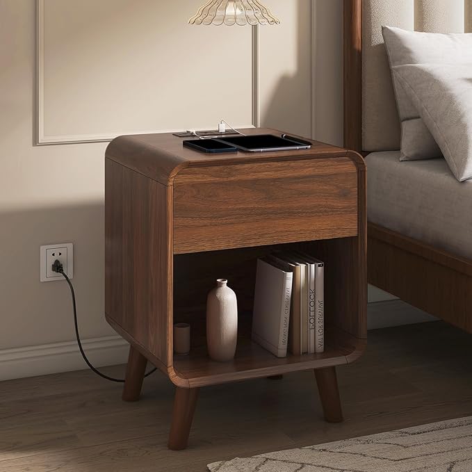 Nasonet Mid Century Modern Nightstand with Charging Station, Small Nightstand with Drawers, Curved Wood End Table Bedside Table for Bedroom, Walnut