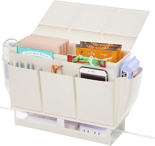 Frjjthchy Bedside Caddy Bedside Organizer,Bed Caddy with 11 Pockets and Power Strip Holder,Versatile Bedside Storage Caddy for Home,Dorm,Bunk,Hospital,Crib Bed (White)