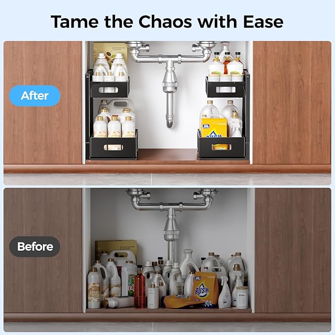 2 Pack Under Sink Organizer, Adjustable Height Under Sink Organizers and Storage, Smooth & Silent Sliding Out Metal Drawer for Kitchen Bathroom Pantry Cabinet Closet (Black)