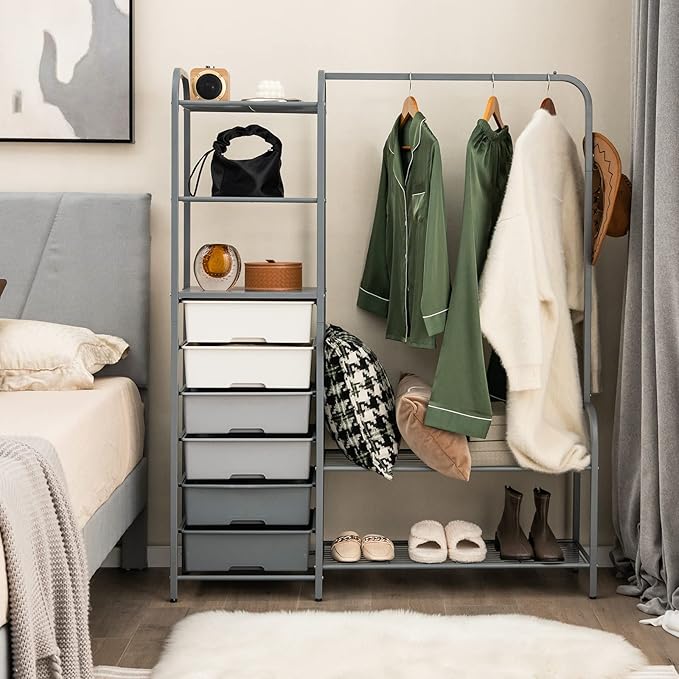 Tangkula Heavy Duty Clothes Rack with 6 Removable Drawers, 3-Tier Open Shelves & 2-Tier Metal Shoe Rack, Side Hook, Garment Rack with Adjustable Feet, Freestanding Closet Organizer for Closet, Bedroom