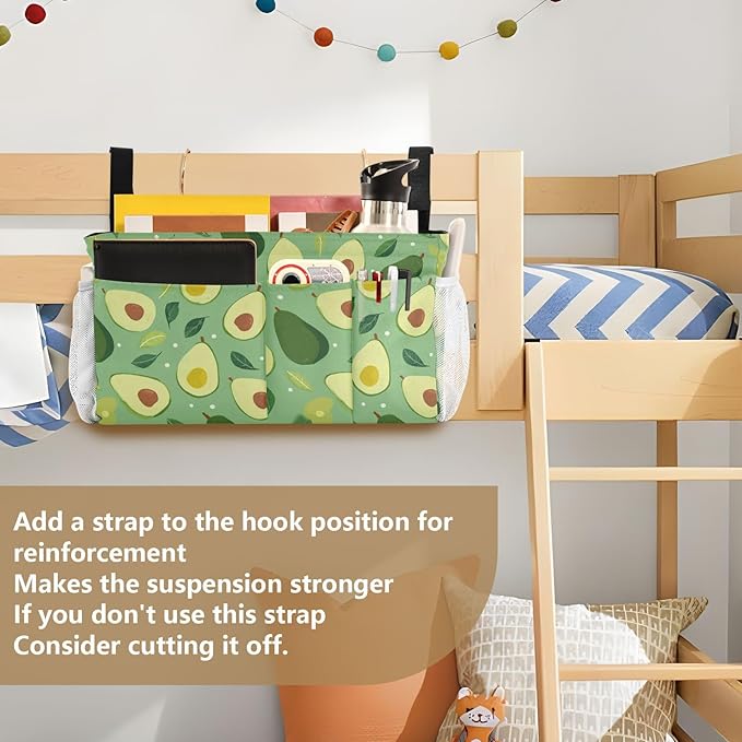 CuwrYet Bedside Caddy Hanging Bunk Bed Caddy Bed Organizer Hanging Pocket with 2 Hooks Bedside Storage Organizer Pocket Bag Holder Green Avocado and Leaf