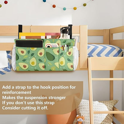 CuwrYet Bedside Caddy Hanging Bunk Bed Caddy Bed Organizer Hanging Pocket with 2 Hooks Bedside Storage Organizer Pocket Bag Holder Green Avocado and Leaf