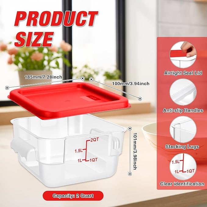 WELKOR Airtight Square Food Storage Containers with Lids 4-Pack, Lock-Tight Seal for Flour, Sugar, Cereal, Keep Food Fresh, BPA-Free Stackable Kitchen Canisters with Measurements (Red, 2QT-4PACK)